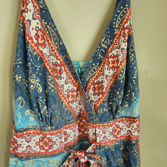 Art Silk Bohemian Blue and Red Sundress Tie Drewstring Waist Shirring Back - Picture 7 of 9